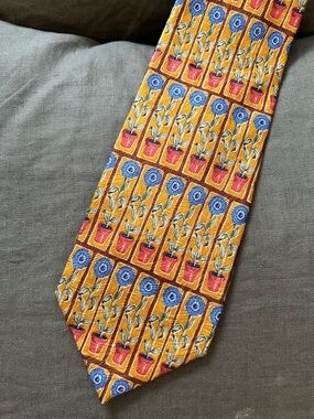 Ermenegildo Zegna Yellow Silk Tie with Blue Floral Pot Motif